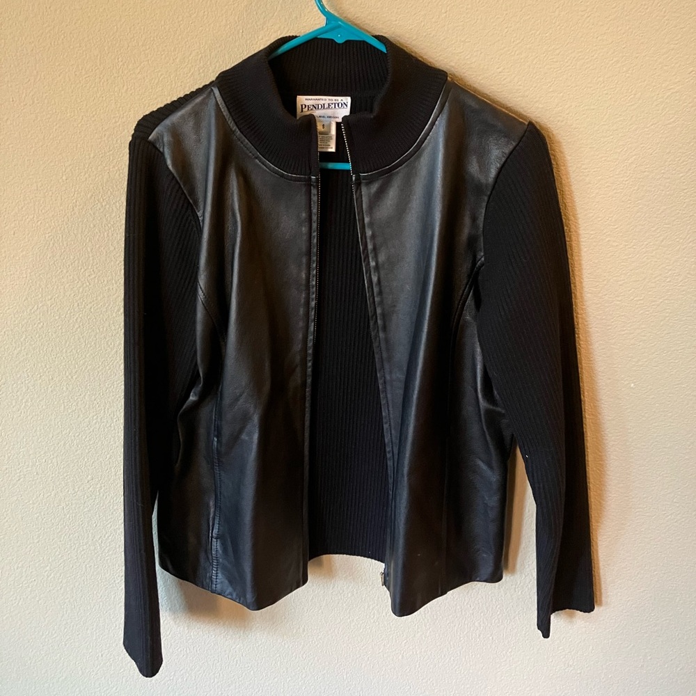 Warranted to be Pendleton knit sweater with leather detailing on the front.